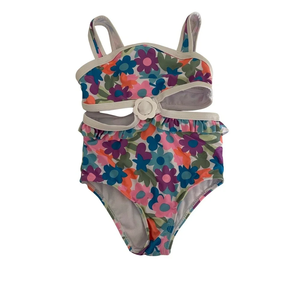 Nicole‎ Miller Floral One Piece Swimsuit Ruffle Trim Cut Out Girls Size 5 New